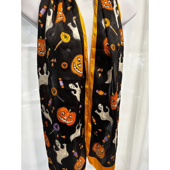 Source Unknown Accessories - Vintage Halloween Scarf 10x60 Jack O’ Lanterns Ghosts Candy Corn Black Orange
